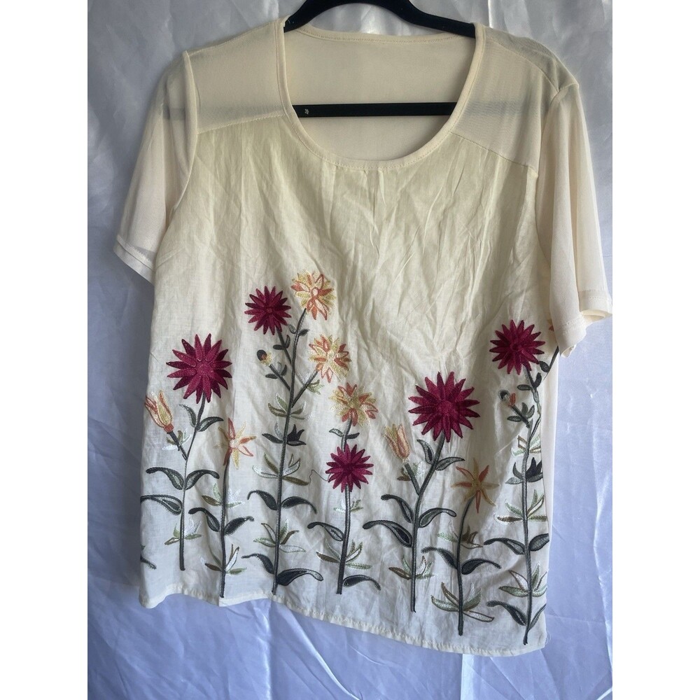Embroidered Floral Short Sleeve Blouse Size S Cream Multi Cottagecore Media Boho